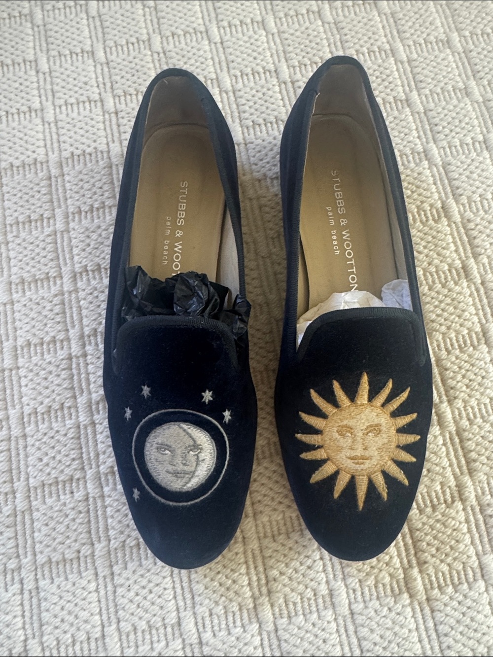 Stubbs & Wootton Navy Velvet Sun & Moon Embroidered Loafers